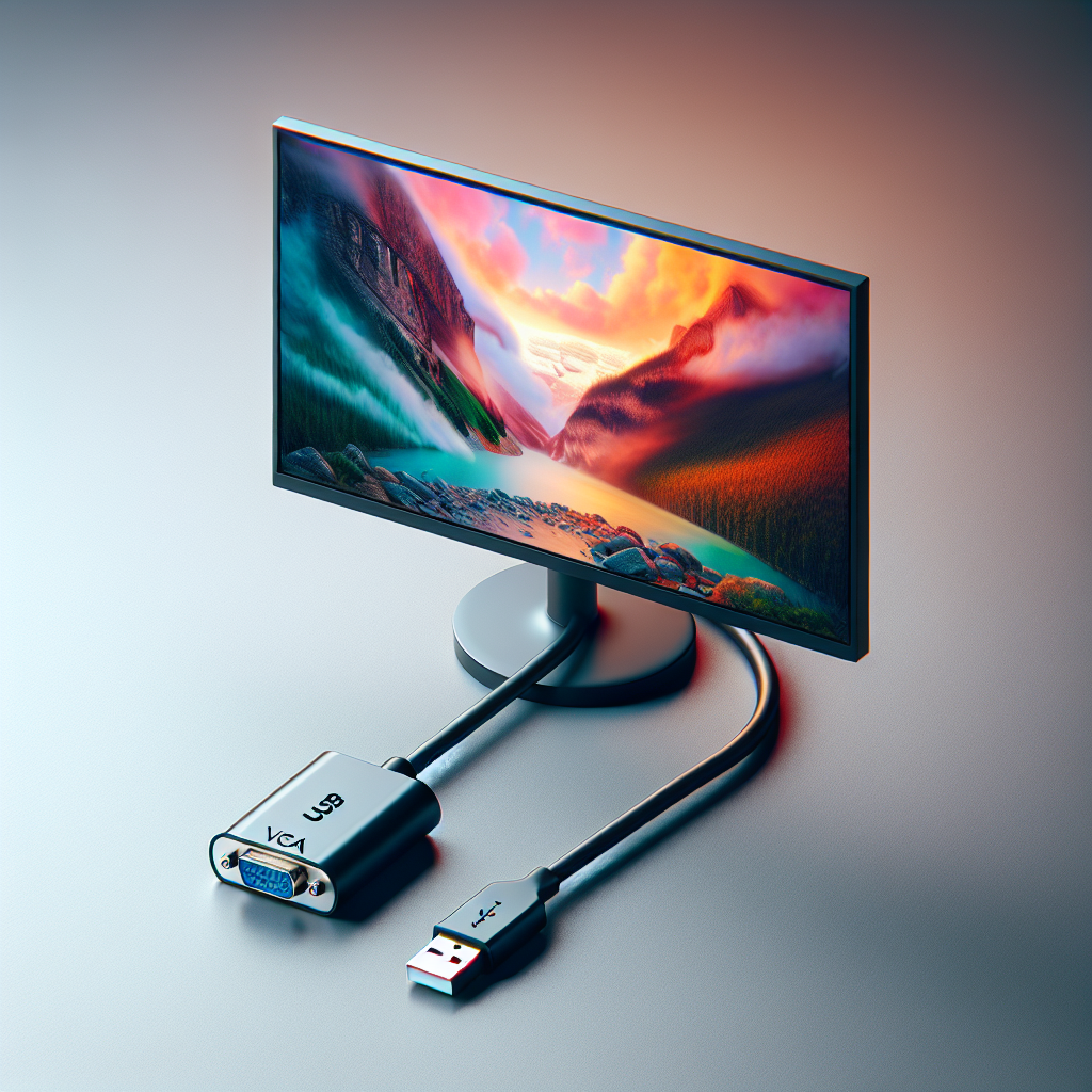 "USB to VGA adapter connecting a laptop to a monitor displaying 1080p resolution, showcasing high-quality video output in a tech article."