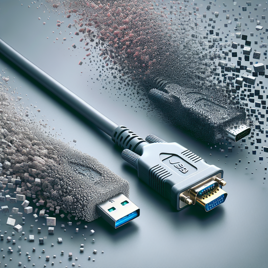 "USB to VGA adapter connecting a laptop to a monitor, illustrating resolution capabilities and limitations in digital display technology."